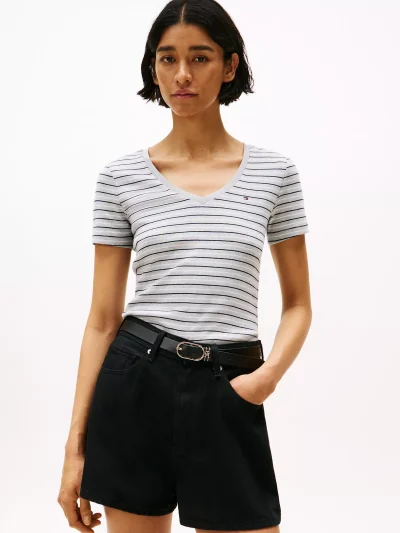 Stripe V-Neck Favorite T-Shirt-Light Grey Heather Stripe# XW05026-P01 - Image 1