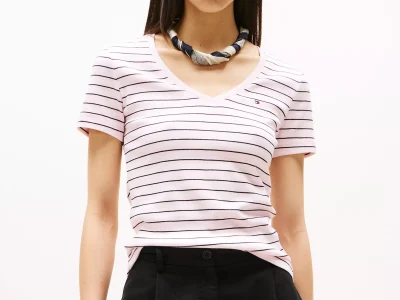 Stripe V-Neck Favorite T-Shirt-Icy Pink Stripe# XW05026-TBA