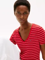 Stripe V-Neck Favorite T-Shirt- Primary Red Stripe#XW05026-XLG - Image 2