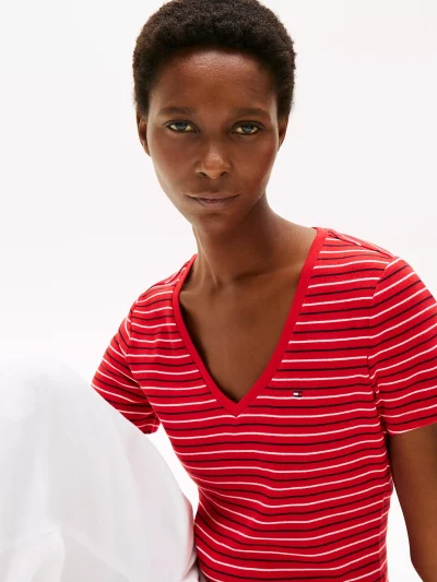 Stripe V-Neck Favorite T-Shirt- Primary Red Stripe#XW05026-XLG - Image 2
