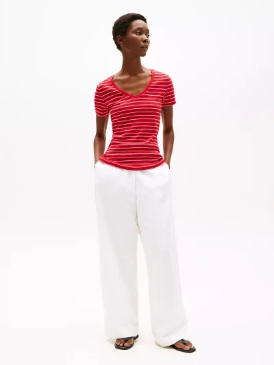 Stripe V-Neck Favorite T-Shirt- Primary Red Stripe#XW05026-XLG - Image 3