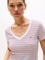Stripe V-Neck Favorite T-Shirt- Navy Stripe#XW05026-YCF - Image 2