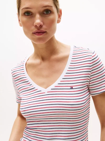 Stripe V-Neck Favorite T-Shirt- Navy Stripe#XW05026-YCF - Image 2