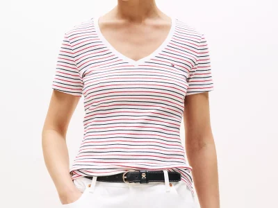 Stripe V-Neck Favorite T-Shirt- Navy Stripe#XW05026-YCF