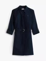 Long-Sleeve Belted Oxford Shirtdress-Navy Blue - Image 4
