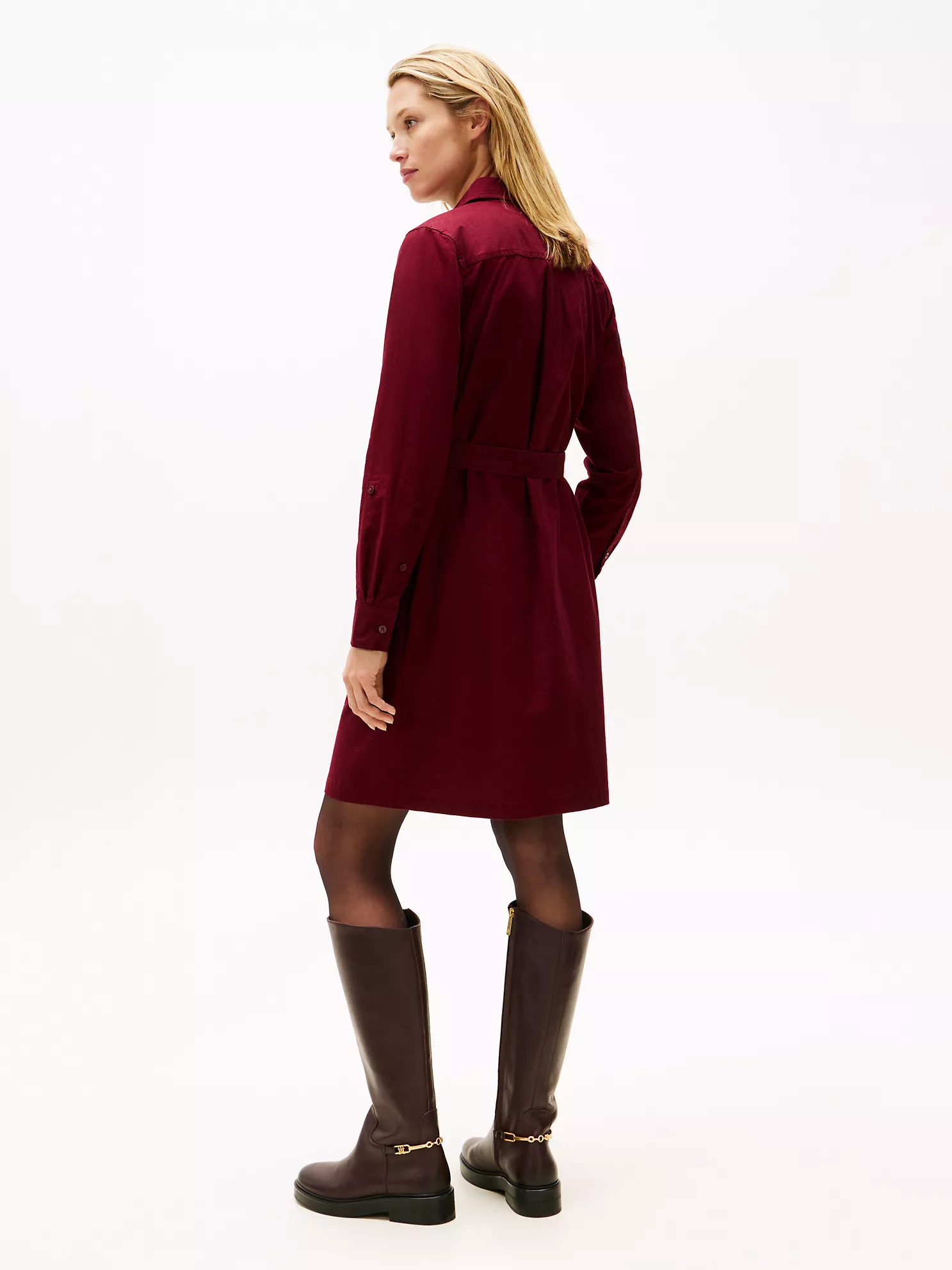 XW05976_VLP_alternate5 Long-Sleeve Belted Oxford Shirtdress-Burgundy - Image 4