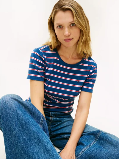 Crewneck Stripe Favorite T-Shirt - Fossil Blue #XW06029 - Image 3