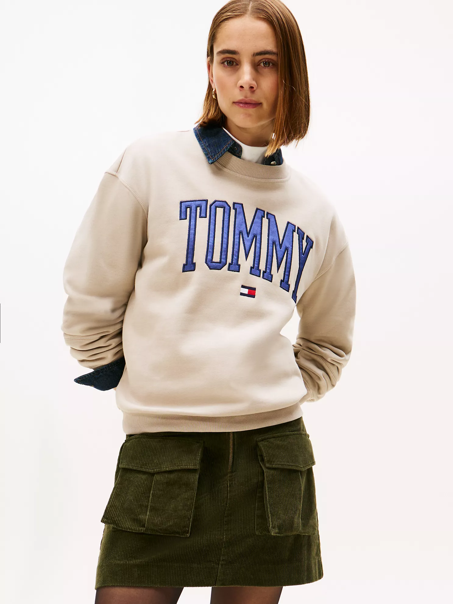 XW06038_AEP_main Varsity Tommy Logo Crewneck Sweatshirt-Stone - Image 1
