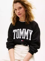 Script Monogram Stretch-Varsity Tommy Logo Crewneck Sweatshirt-Black - Image 2