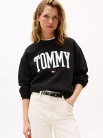 Script Monogram Stretch-Varsity Tommy Logo Crewneck Sweatshirt-Black