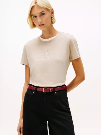 Embroidered Crest Banner Logo T-Shirt - Stone #XW06125 - Image 1