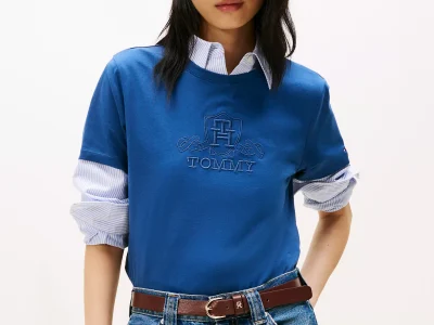 Embroidered Crest Banner Logo T-Shirt - Fossil Blue #XW06125