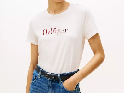 Plaid Hilfiger Logo T-Shirt - Ivory Heather #XW06126