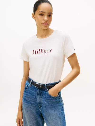 Plaid Hilfiger Logo T-Shirt - Ivory Heather #XW06126 - Image 1