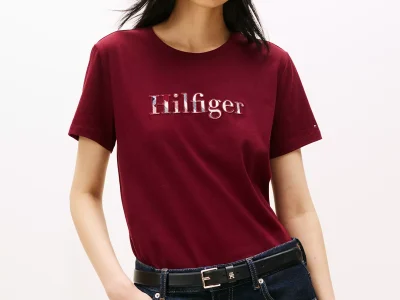 Plaid Hilfiger Logo T-Shirt - Burgundy #XW06126