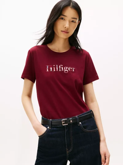Plaid Hilfiger Logo T-Shirt - Burgundy #XW06126 - Image 1