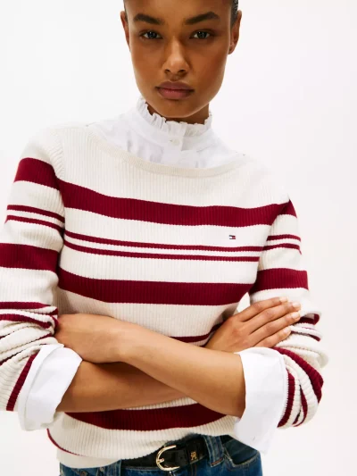 Stripe Boatneck Rib-Knit Sweater- Dark Beige - Image 4