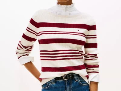 Stripe Boatneck Rib-Knit Sweater- Dark Beige