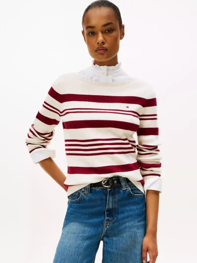 Stripe Boatneck Rib-Knit Sweater- Dark Beige - Image 1