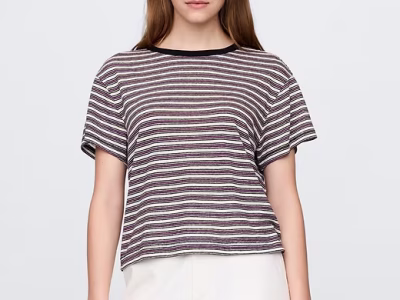 Linen-Blend T-Shirt- Chino Beige, Purple, And Black Stripe