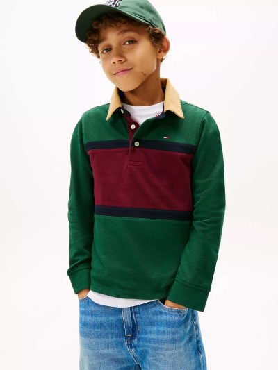 Kids' Long-Sleeve Colorblock Polo - Ornamental Green #XB01620-L6K - Image 1