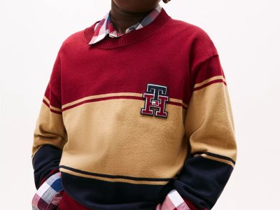 Kids' TH Logo Colorblock Sweater-Rouge# XB01491-XJS