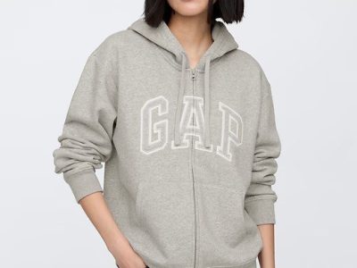 Relaxed Gap Logo Zip Hoodie- Gray And White Marl