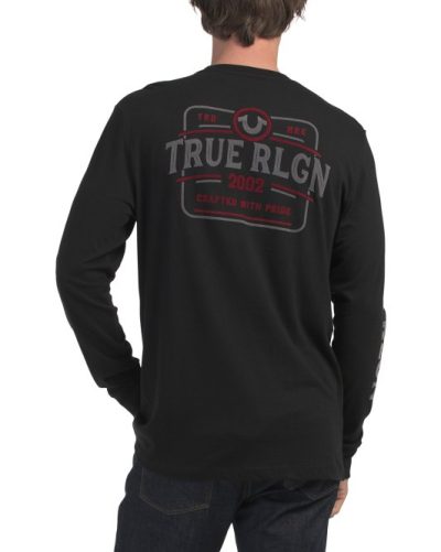 TRUE RELIGION Flocked Crew Long Sleeve Shirt-BLACK/RED - Image 1