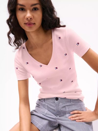 Allover Flag V-Neck Favorite T-Shirt-Icy Pink - Image 3