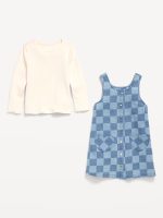 Long-Sleeve Ribbed T-Shirt and Dress Set for Toddler Girls-Chambray Check - Image 2