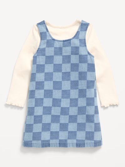 Long-Sleeve Ribbed T-Shirt and Dress Set for Toddler Girls-Chambray Check - Image 3