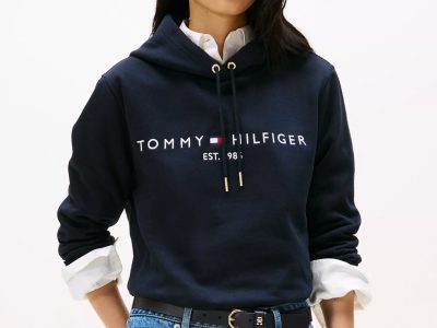 Embroidered Tommy Logo Hoodie-Navy