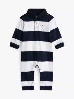 Babies' Stripe Polo Coverall-Navy Blue