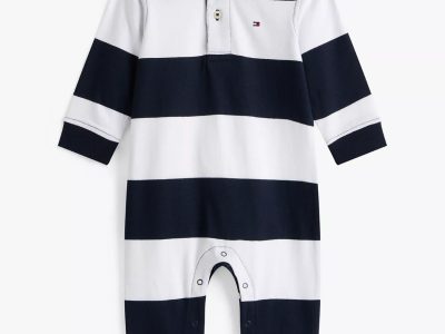 Babies' Stripe Polo Coverall-Navy Blue