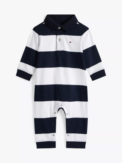 Babies' Stripe Polo Coverall-Navy Blue - Image 1