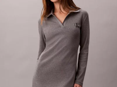 Monologo Rib Polo Mini Dress-Medium Grey Heather