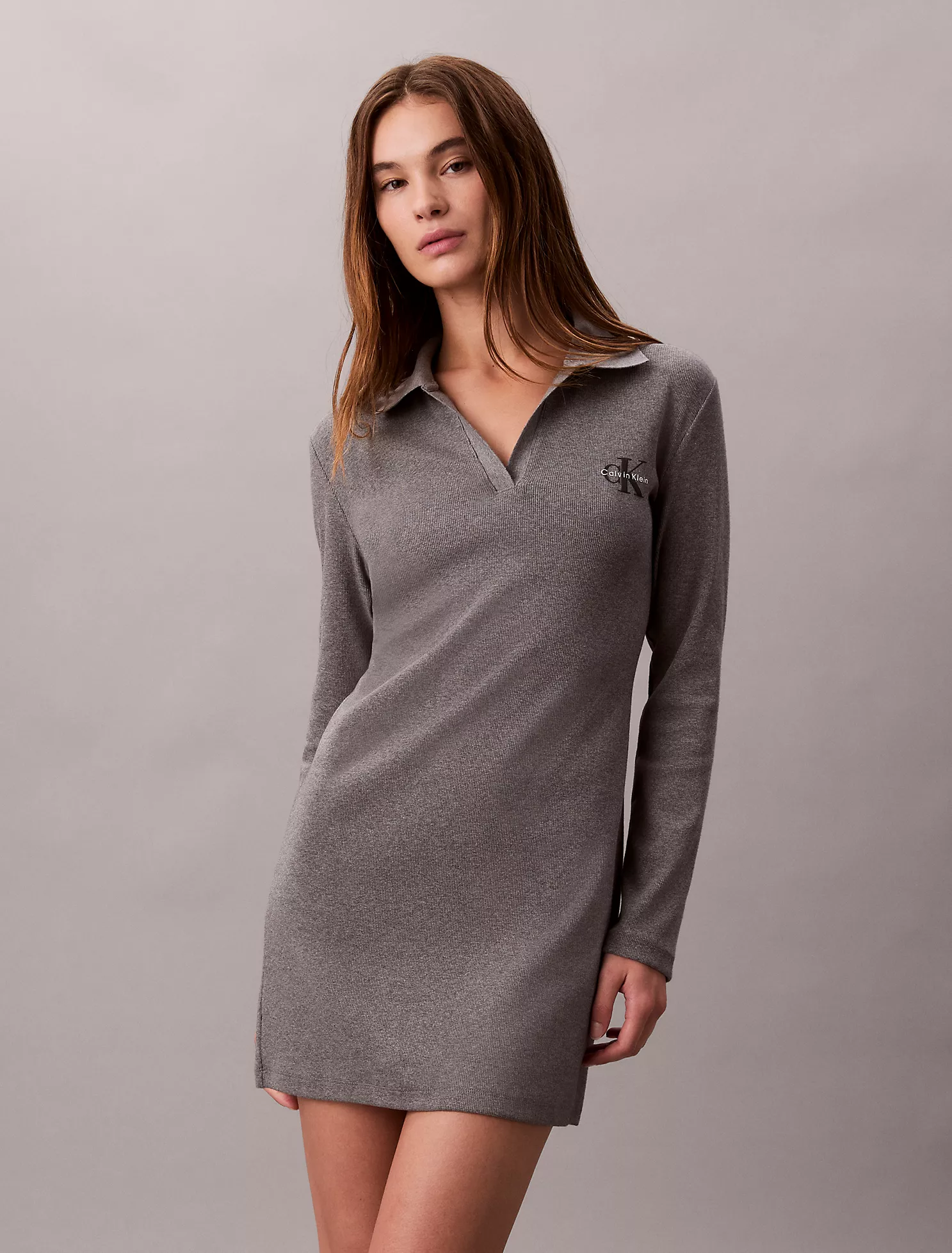 47D214G_P7E_alternate1 Monologo Rib Polo Mini Dress-Medium Grey Heather - Image 1