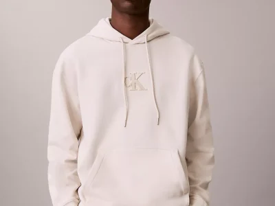Fleece Monogram Relaxed Hoodie-White