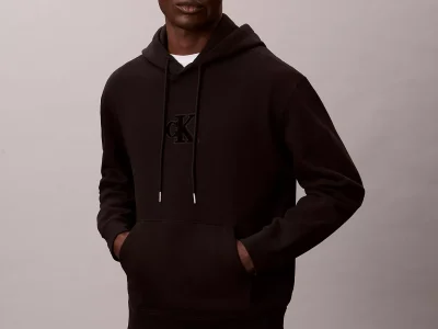 Fleece Monogram Relaxed Hoodie-Black