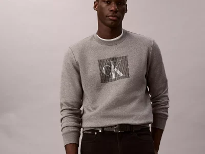 Fleece Layered Monogram Graphic Sweatshirt-Grey Heather