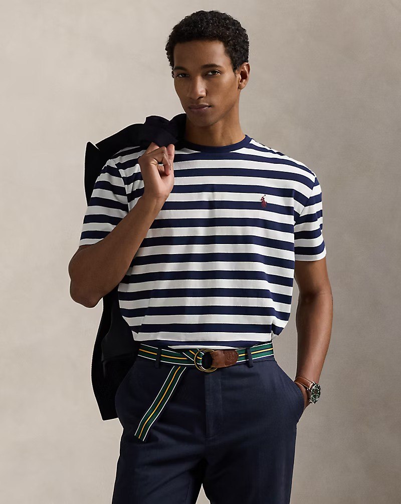6075531888362720202 Classic Fit Striped Jersey T-Shirt-White/Cruise Navy - Image 1