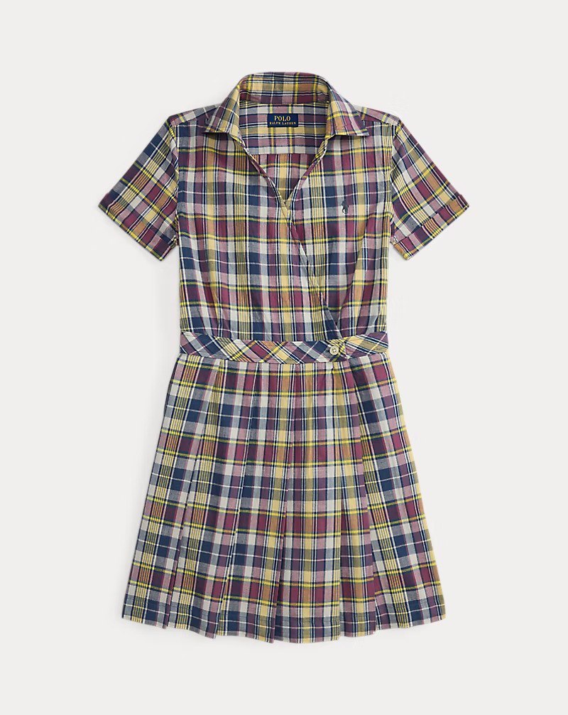 6093922036381060092 Plaid Cotton Wrap Dress-Yellow/Berry/Navy - Image 1