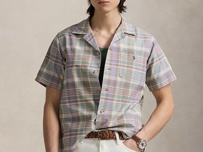 Classic Fit Plaid Oxford Camp Shirt-Khaki Green Multi