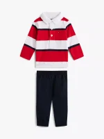 Babies' Stripe Polo Shirt and Pant Set-Red