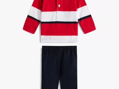 Babies' Stripe Polo Shirt and Pant Set-Red