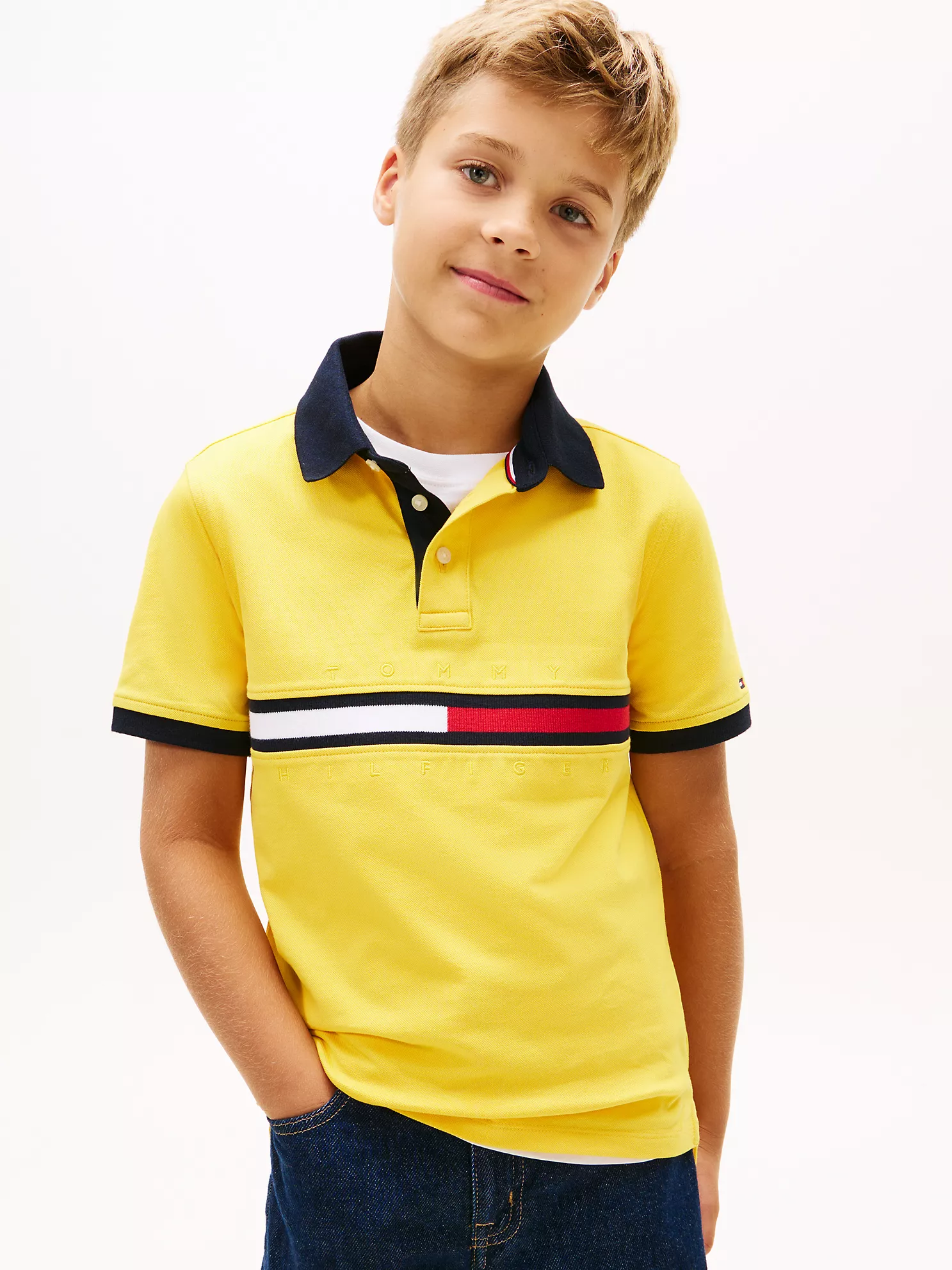 XB01910_ZFS_main Kids' Flag Stripe Logo Polo-Pollen - Image 1