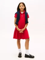 Kids' Pleated Stretch Polo Dress-Primary Red