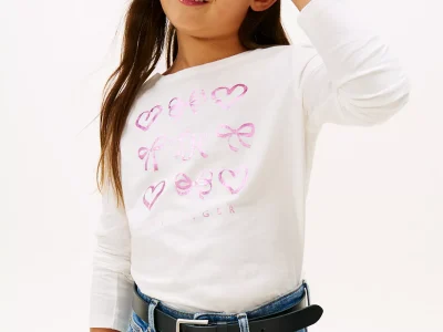 Kids' Bow Motif T-Shirt-Ecru