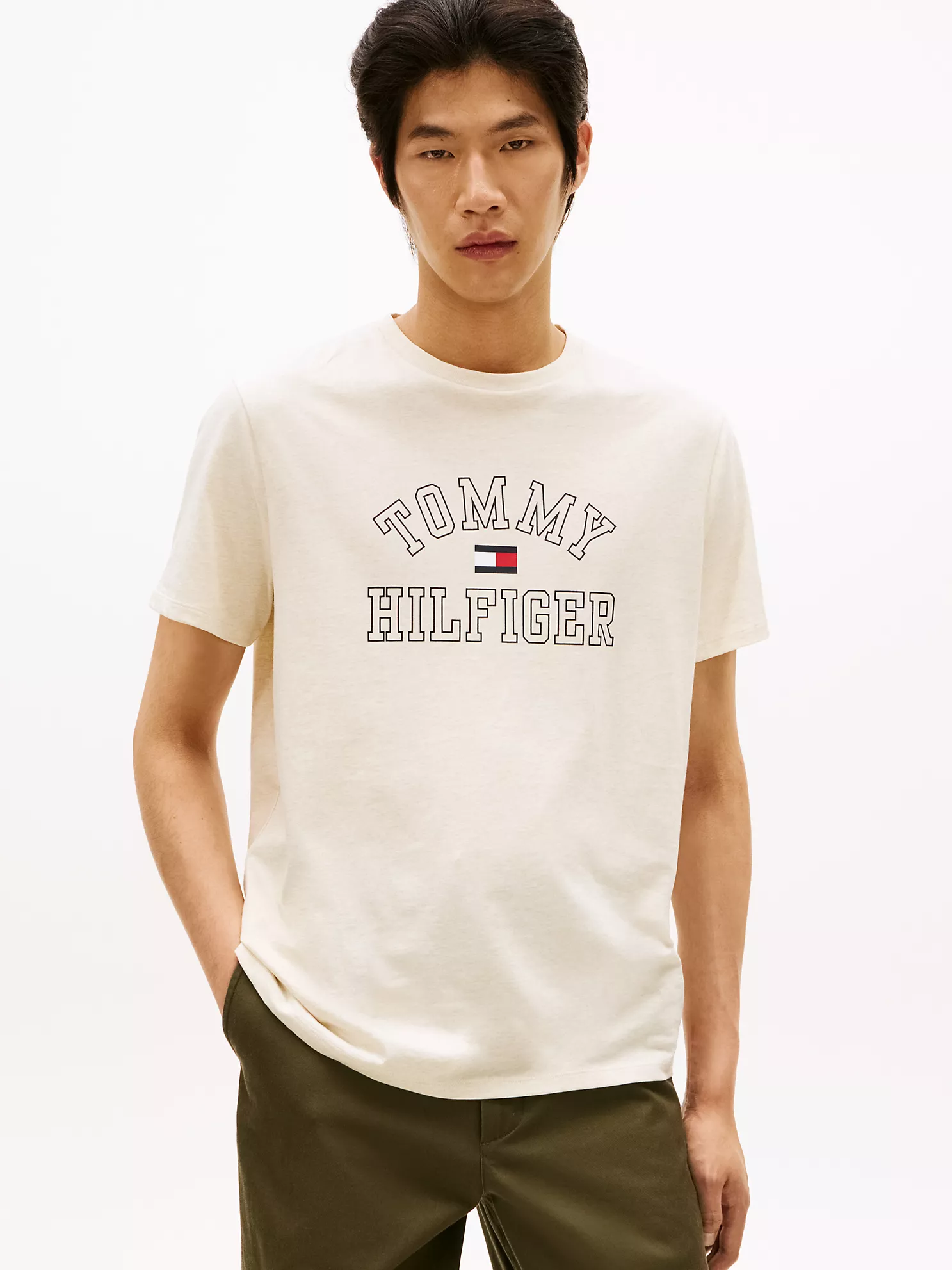 XM05732_AFA_main Tommy Varsity Logo T-Shirt-Ivory Heather - Image 1