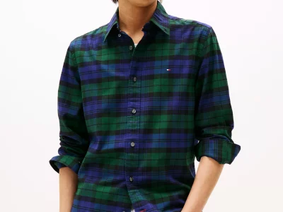 Regular Fit Plaid Stretch Oxford Shirt-Ornamental Green/Navy